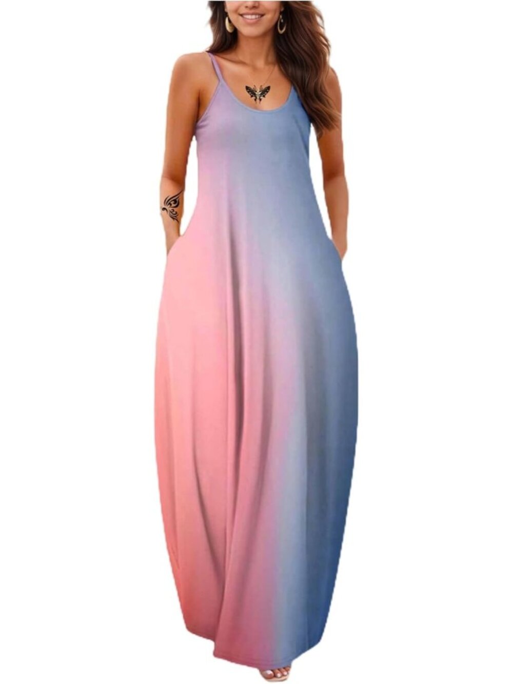 〽️Blue Pink Boho Maxi Dress Women's Smocked Tiered Flowy Summer Beach Dress